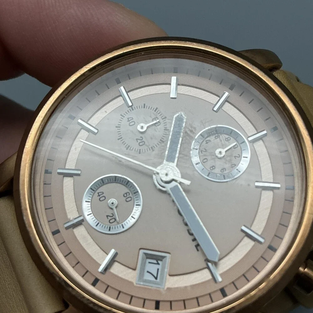 Fossil Womens Watch 38mm Rose Gold Tone Leather Chronograph Date New Battery